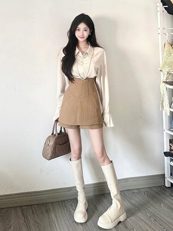 

Elegant Long Sleeve Loose Women's Outfit Two-Piece Set with Skirt And Shirt Half-length And Button Closure Fashionable Ensemble
