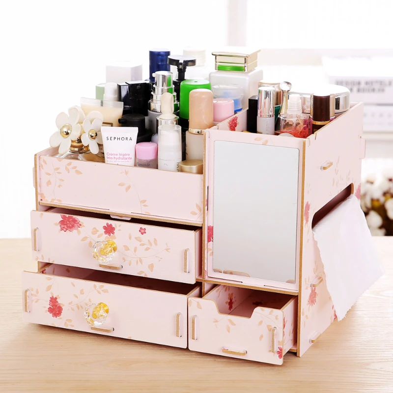 Wooden Jewelry Box Large Skin Care Products Cosmetics Drawer Type Desktop Storage Box Multifunctional Display Stand