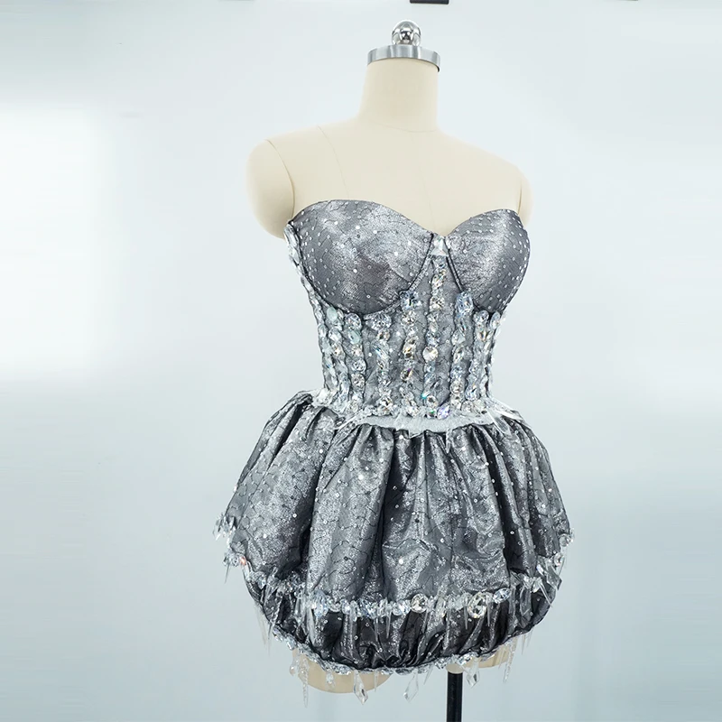 GogoLuxury قطعة فستان مثير رمادي كريستال مجموعات بلوزات وتنورة أداء حفلة عيد ميلاد سحب الملكة يوتار القطب ملابس الرقص