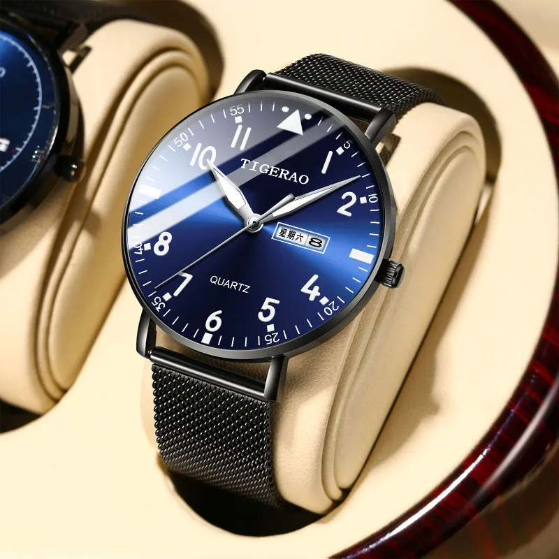 Men's Student Korean Style Quartz Watch Dual Calendar Luminous Waterproof Ultra-Thin