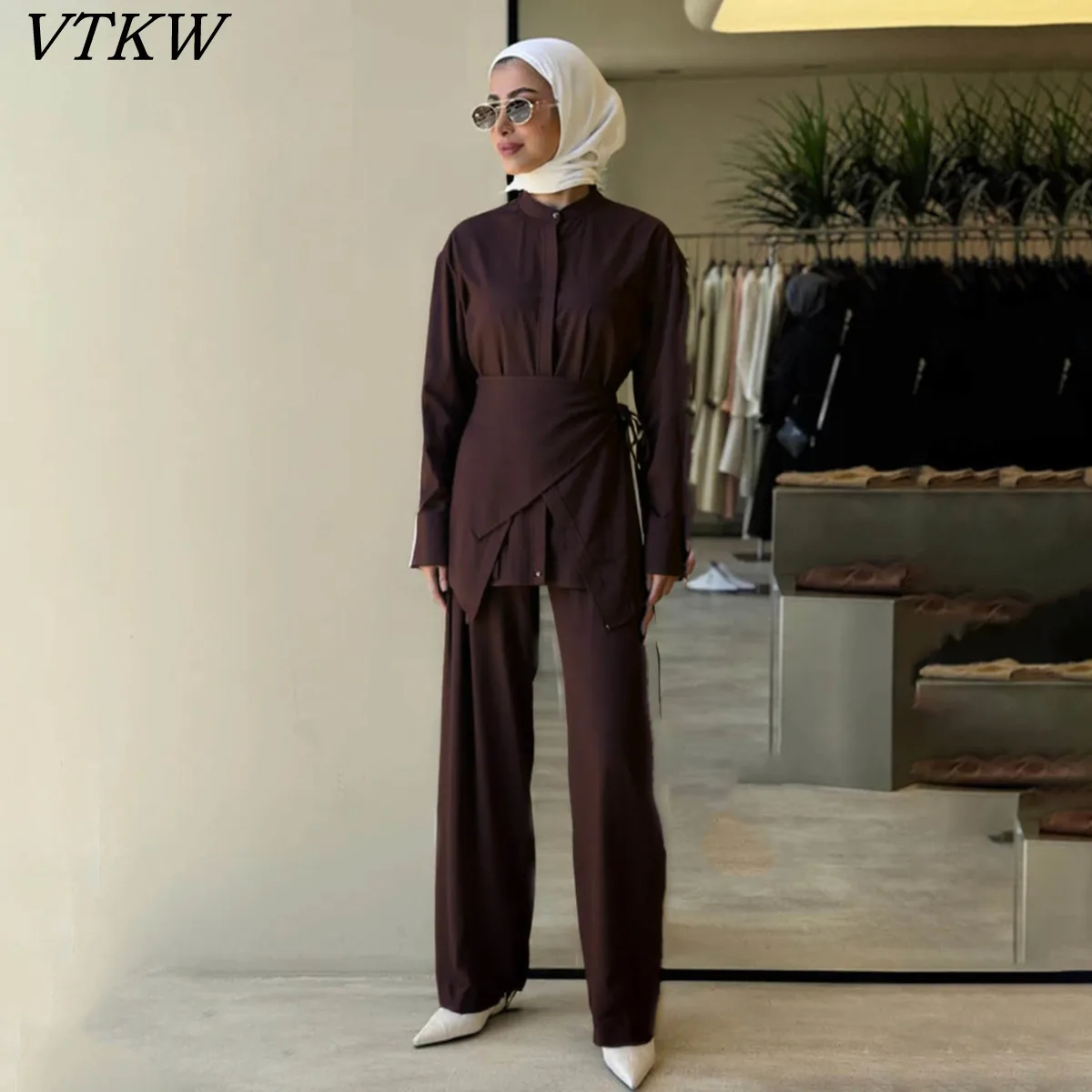 

VTKW Solid-color Irregular Two-piece Waistband design Women's Blazer For 2025 Spring. High-quality Loose Pants Two-piece Set