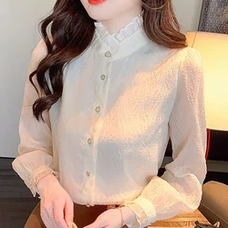 Fashion Long Sleeve Apricot Chiffon Blouse Shirt Women Tops Blusas Mujer De Moda 2024 New Stand Collar Blouse Women Shirts H502