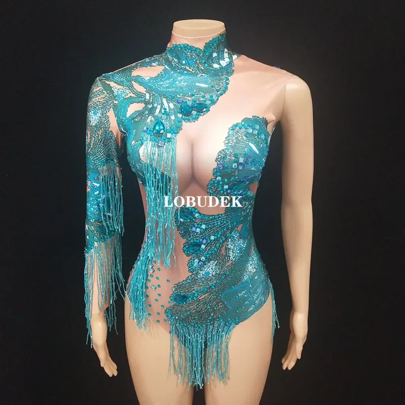 Sparkly Tassel Leotard Singer Dancer Show Stage Wear Blue Rhinestones Fringe Single Sleeve Bodysuit Women Sexy Dance Costume
