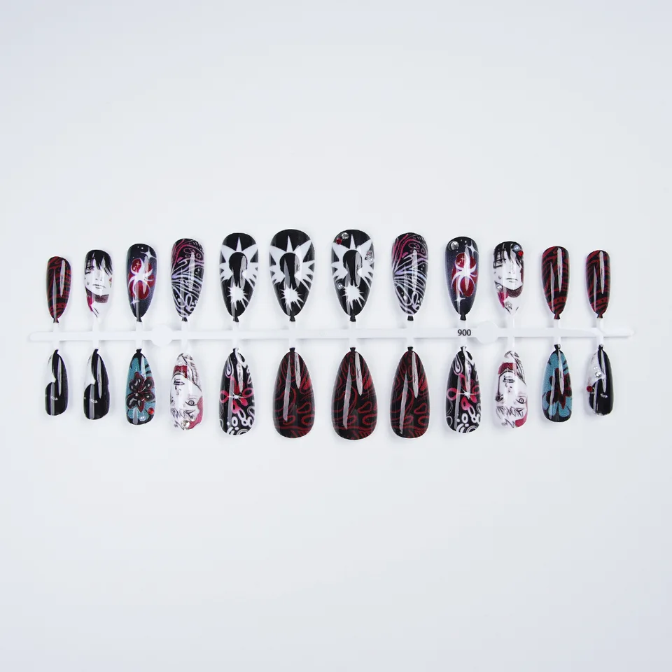 24 piezas de uñas postizas estilo anime manga, negras y rojas góticas, forma ovalada, con cristales 3D, araña y flor, estilo y2k, almendra, para mujeres 4