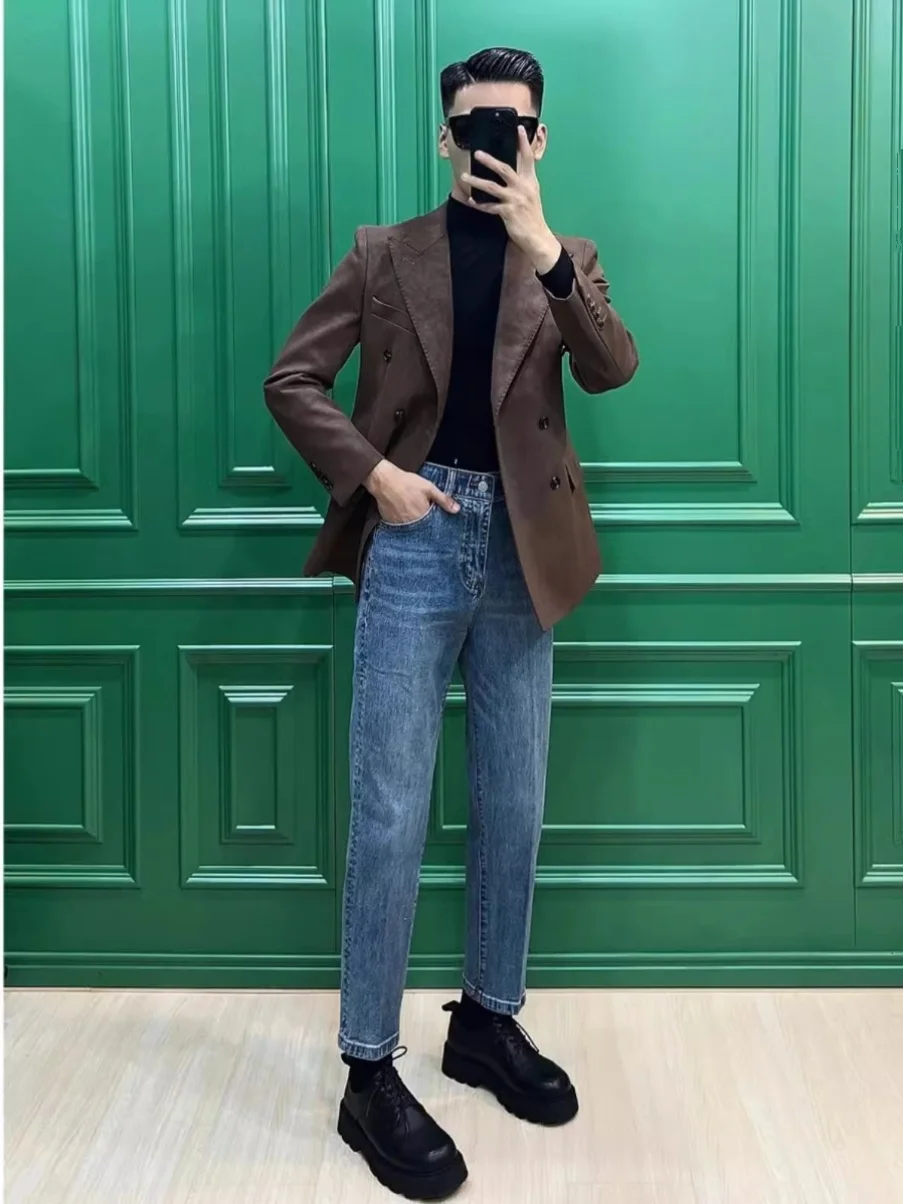 

Мужские джинсы с высокой талией, прямые, эластичные, из денима, с эффектом потертости, оригинальный дизайн, осенне-зимние, модные