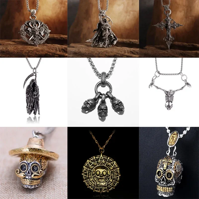 Gothic Vintage Lotus Hat Skull Pendant Necklace Mens Biker Rock Punk Religious Exorcism Amulet Jewelry