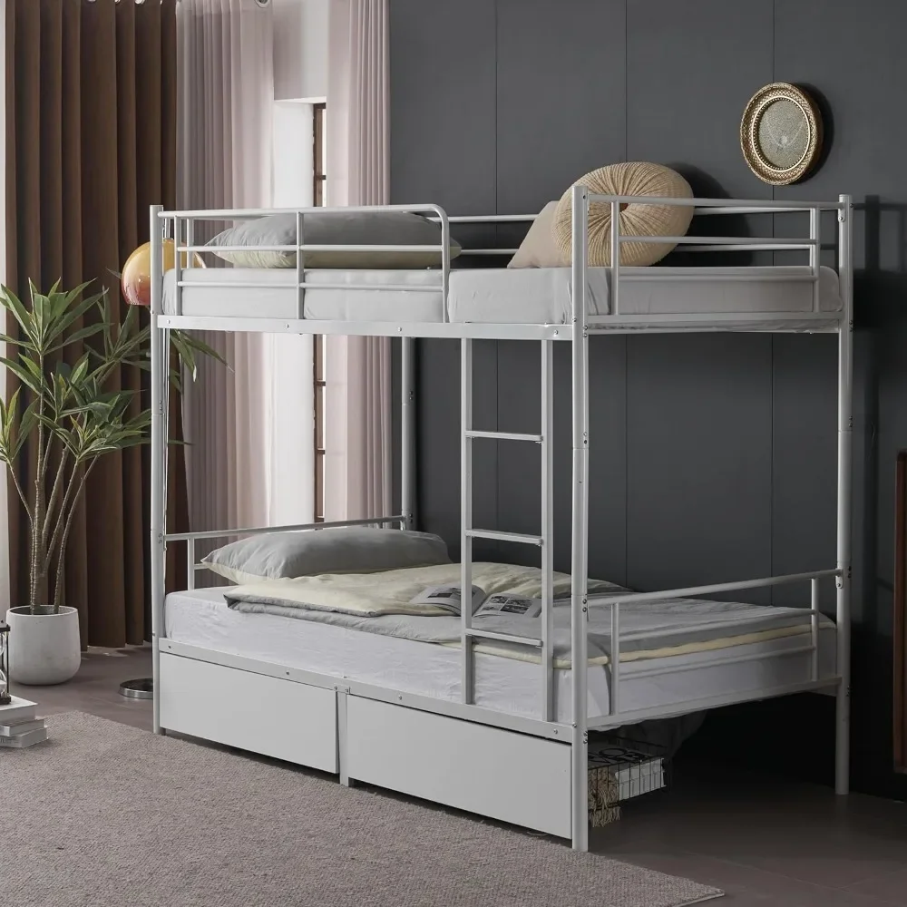 White Bunk Bed Twin Over Twin with 2 Storage Drawers, Metal Bunk Bed with Built-in Ladder and Safety Guardrail,for Kids, Teens