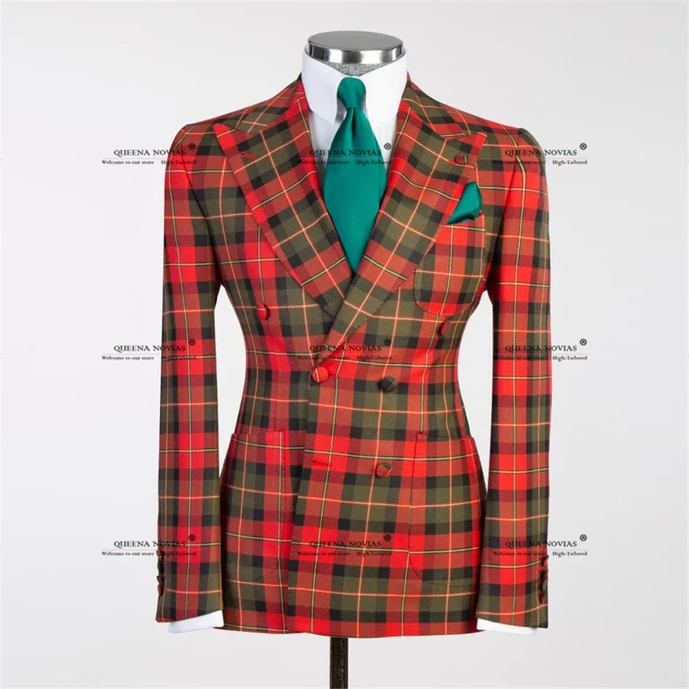 Male Fashion Plaid Groom Tuxedos Customized Double Breasted Jacket Pants 2 Pieces Suits Men Slim Fit traje de hombre elegante