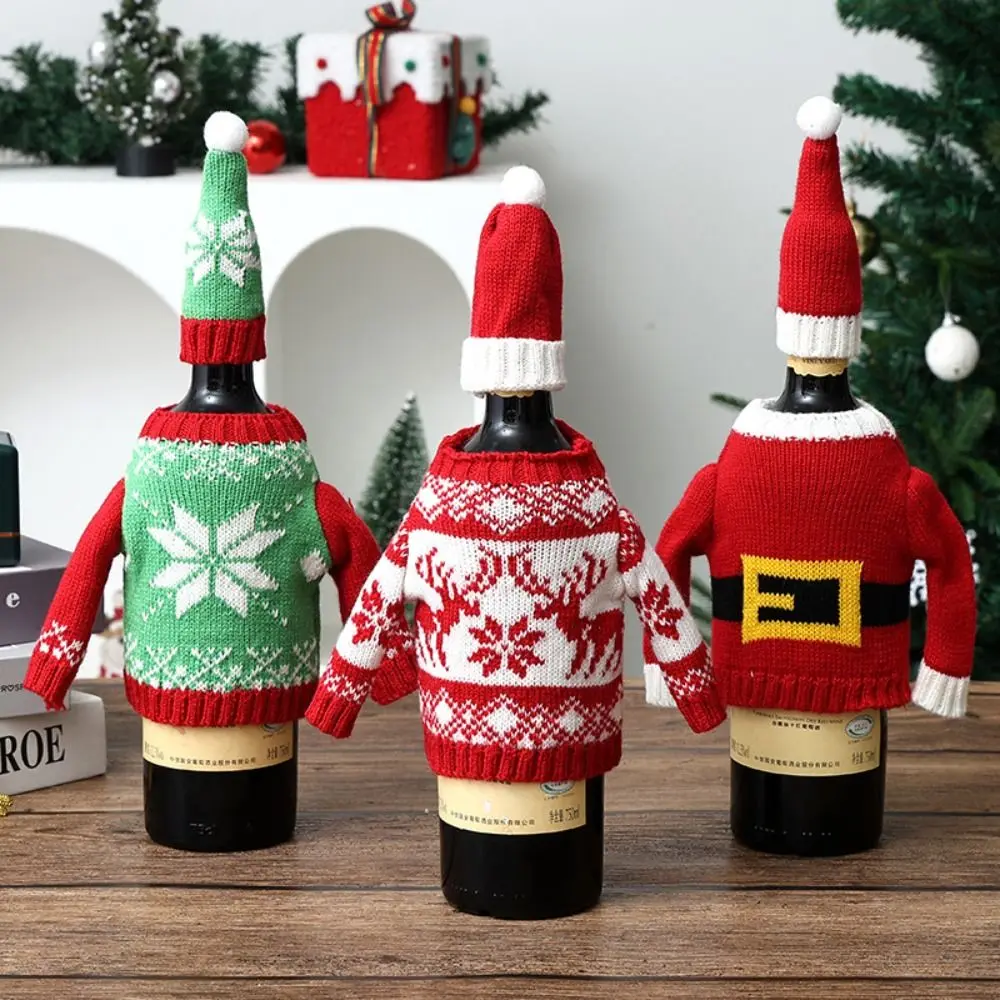 Elk Wine Bottle Cover Reusable Cover with Mini Santa Hat Christmas Knitted Bottle Cover Santa Claus Reindeer Beer Bottle Cover
