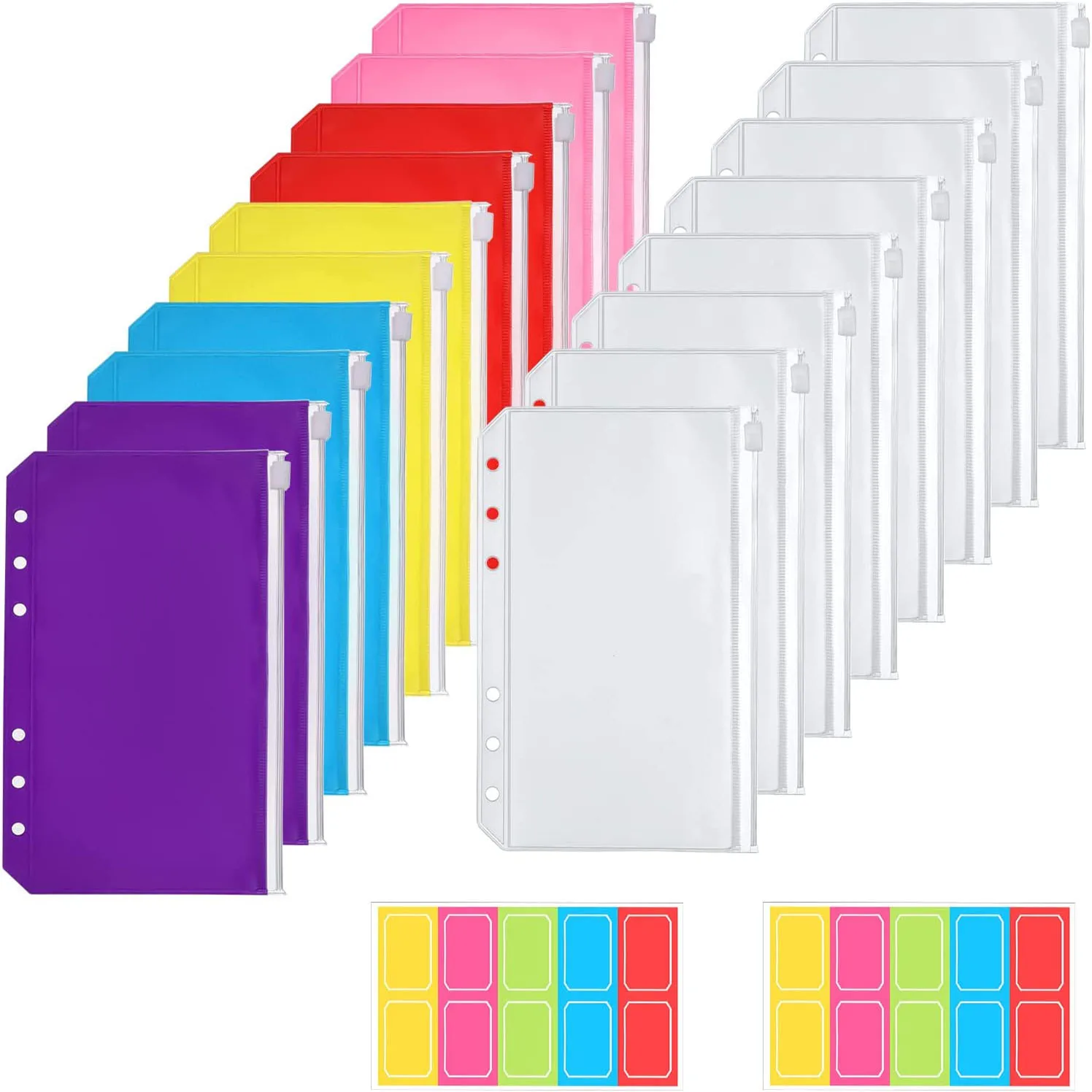 

18 PCS A6 Zipper Binder Pockets 6 Holes Cash Envelopes Waterproof Folders for A6 Notebook Budget Binders, with Label Stickers