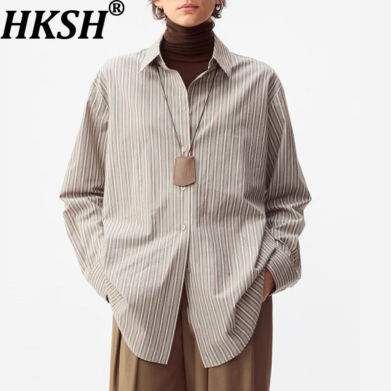 

HKSH Autumn New Women Shirt Striped Turn-down Collar Single Breasted Long Sleeve Vintage Versatile Tide Chic Casual Tops HK11409