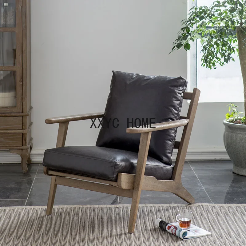 North American Country Retro Single-Seat Sofa Chair Oil Wax Leather Living Room Leisure Sofa Chair