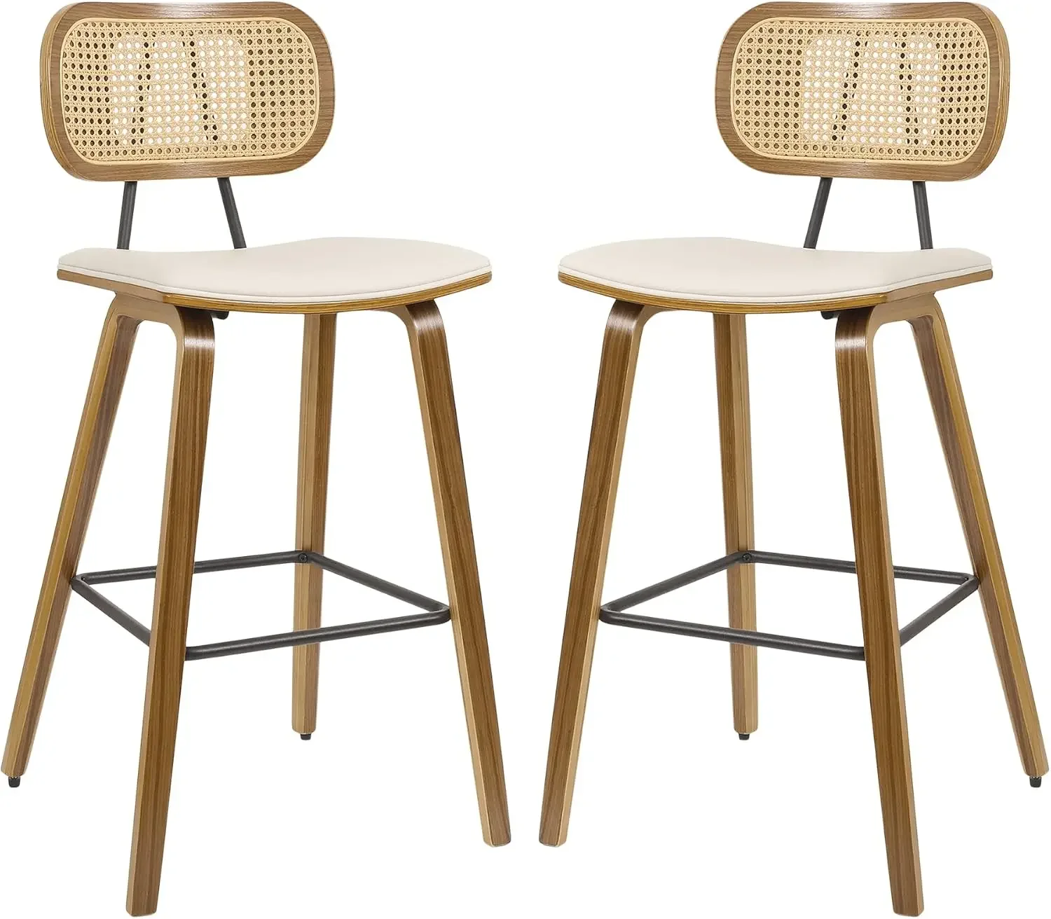 

Counter Height Bar Stools Set of 2, Mid Century Modern Counter Stools, 26" Wood Kitchen Stool PU Leather Upholstered Barstool wi