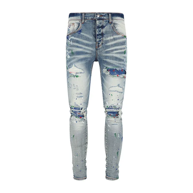 

High Street Fashion Men Jeans Retro Light Blue Stretch Skinny Fit Patched Ripped Jeans Men Painted Designer Brand Hip Hop Pants