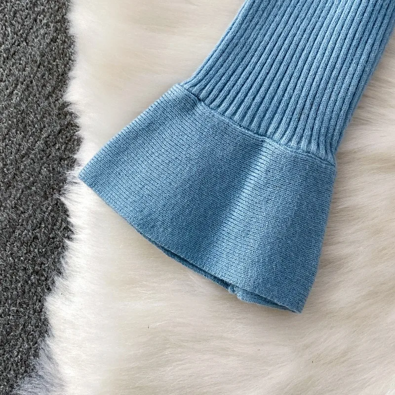 2-Piece Autumn and Winter New Design Single-breasted Lapel Horn Sleeve Knitted Tops High Waist Elegant Fishtail Long Skirt Suit