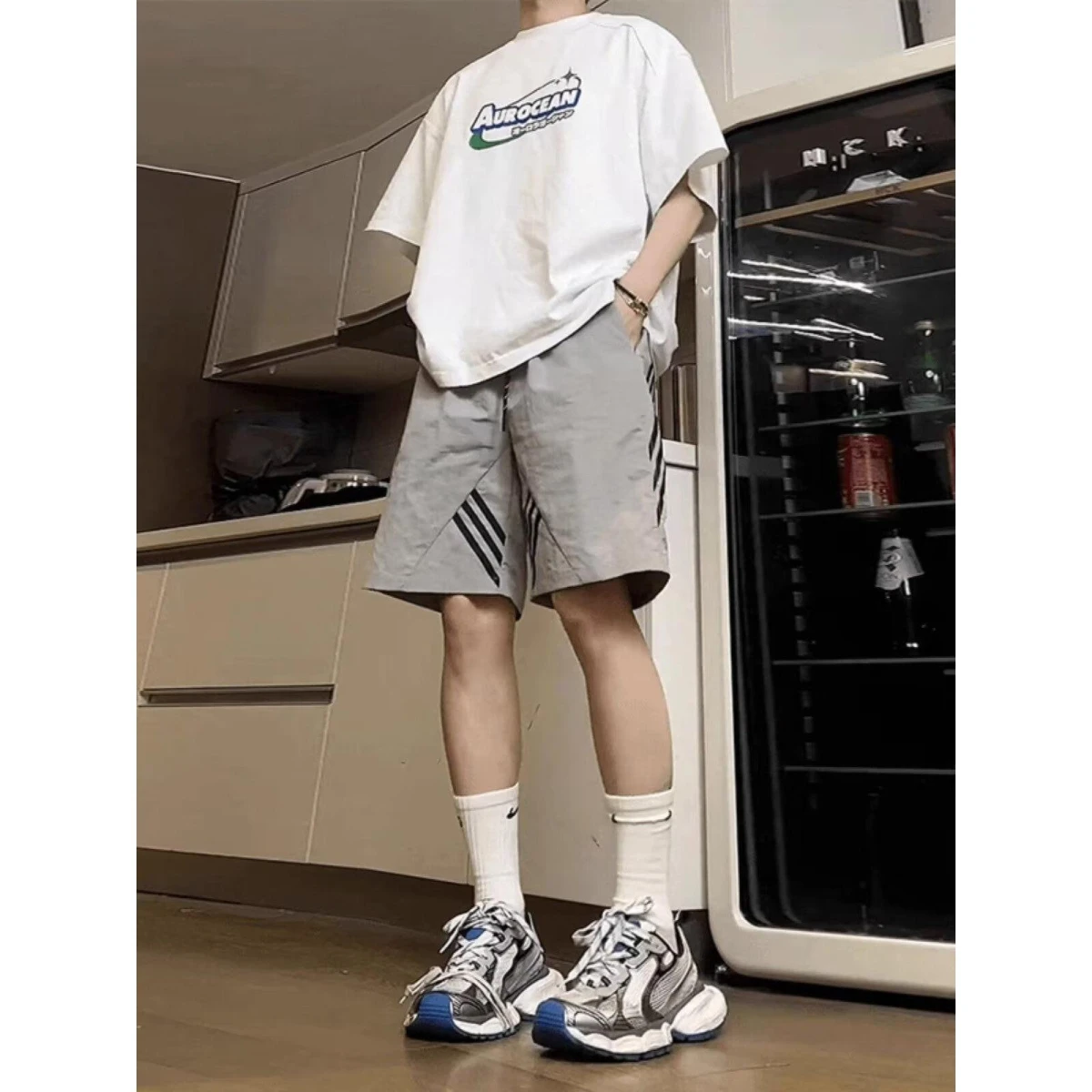 

American Sle Qui Dry Sport orts Men Summer Thin Loose Casual Striped Baskeall Five-Quarter Pants Straight Leg Fit