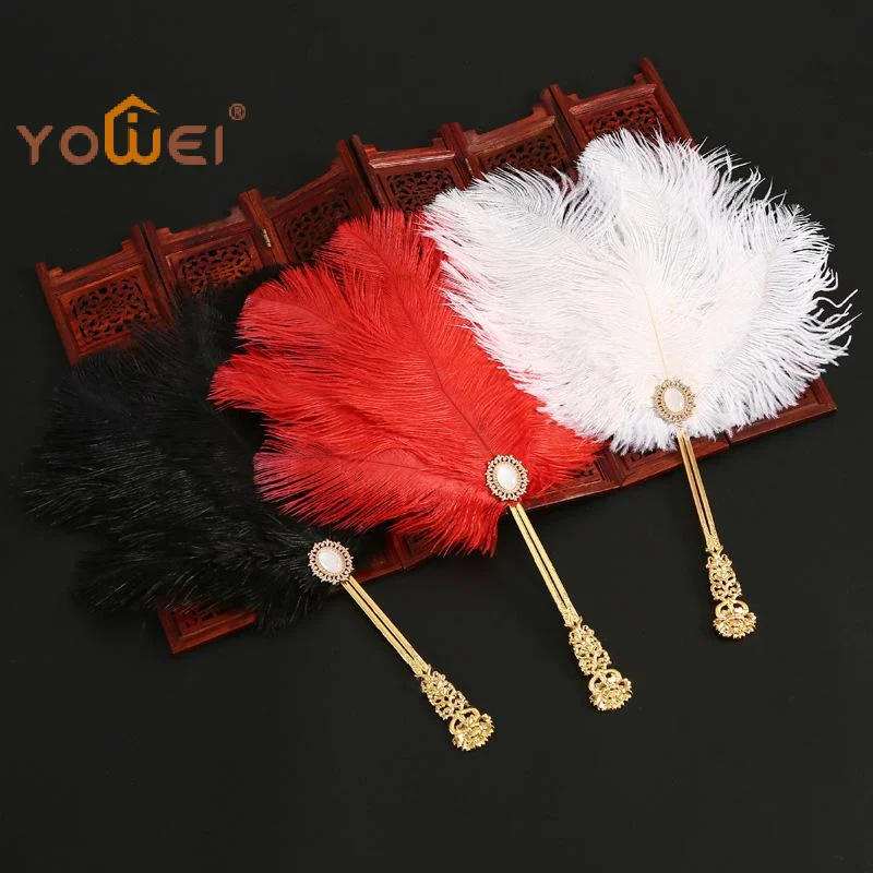 Latest Ostrich Feather Fan Lolita Round Fan With Golden Hollow Handle Court Dance Hand Fans For Women Wedding Party Decorations