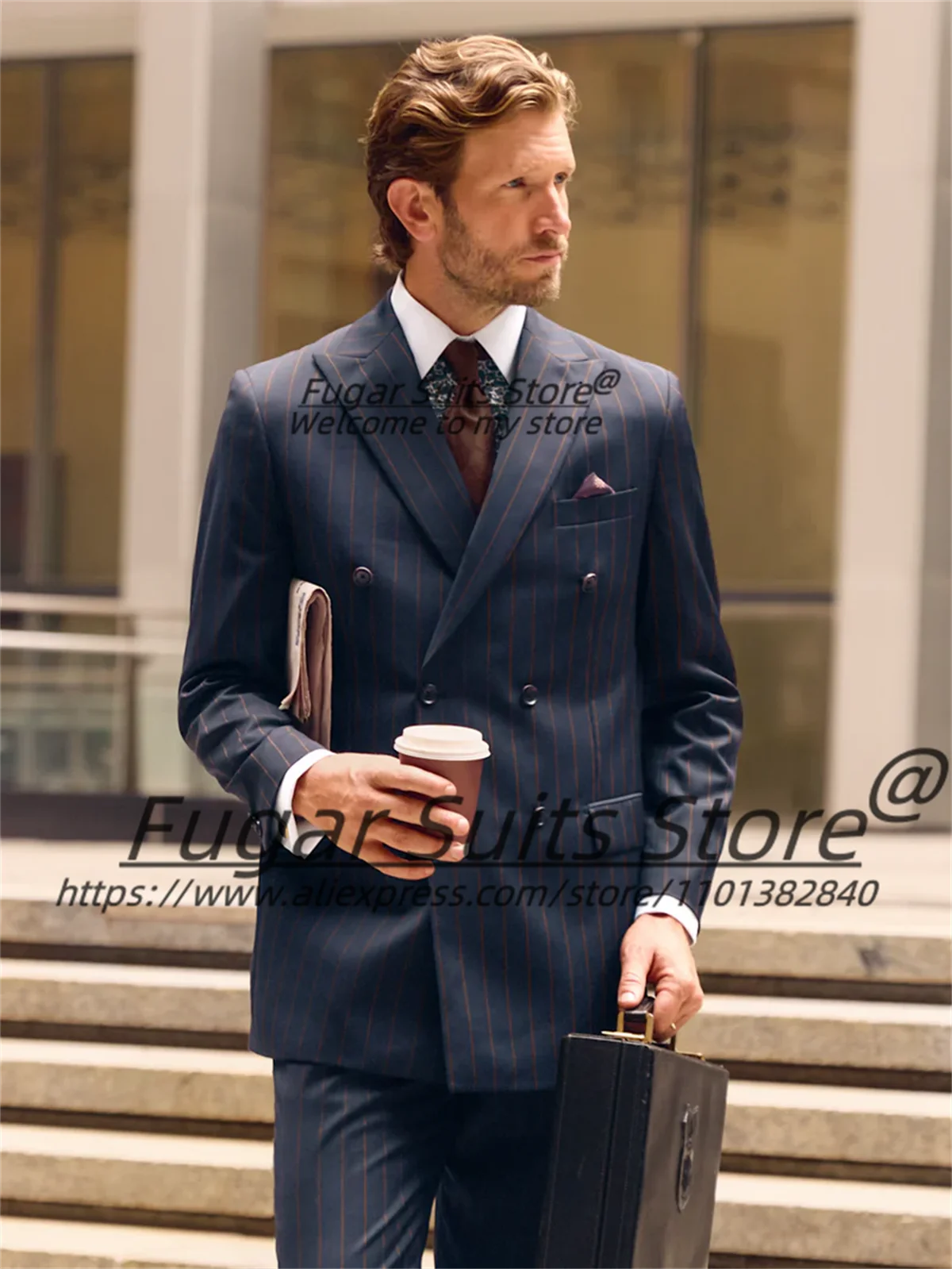 

Elegant Stripe Suits For Men Customized Slim Fit Double Breasted Groom Wedding Tuxedos 2 Pieces Sets Business trajes para hombre