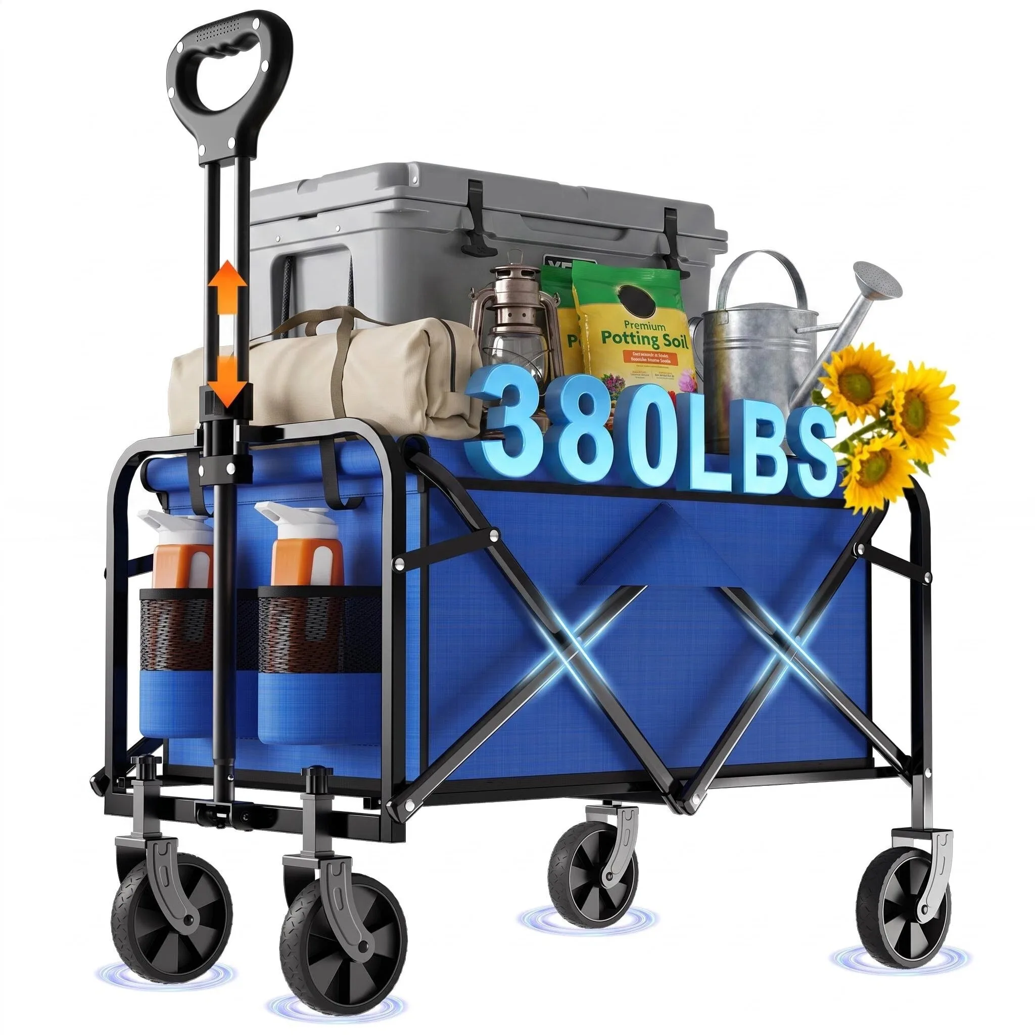 Blue Lightweight Portable Foldable Shopping Cart with Wheels Utility Grocery Wagon for Camping Beach Sports Garden