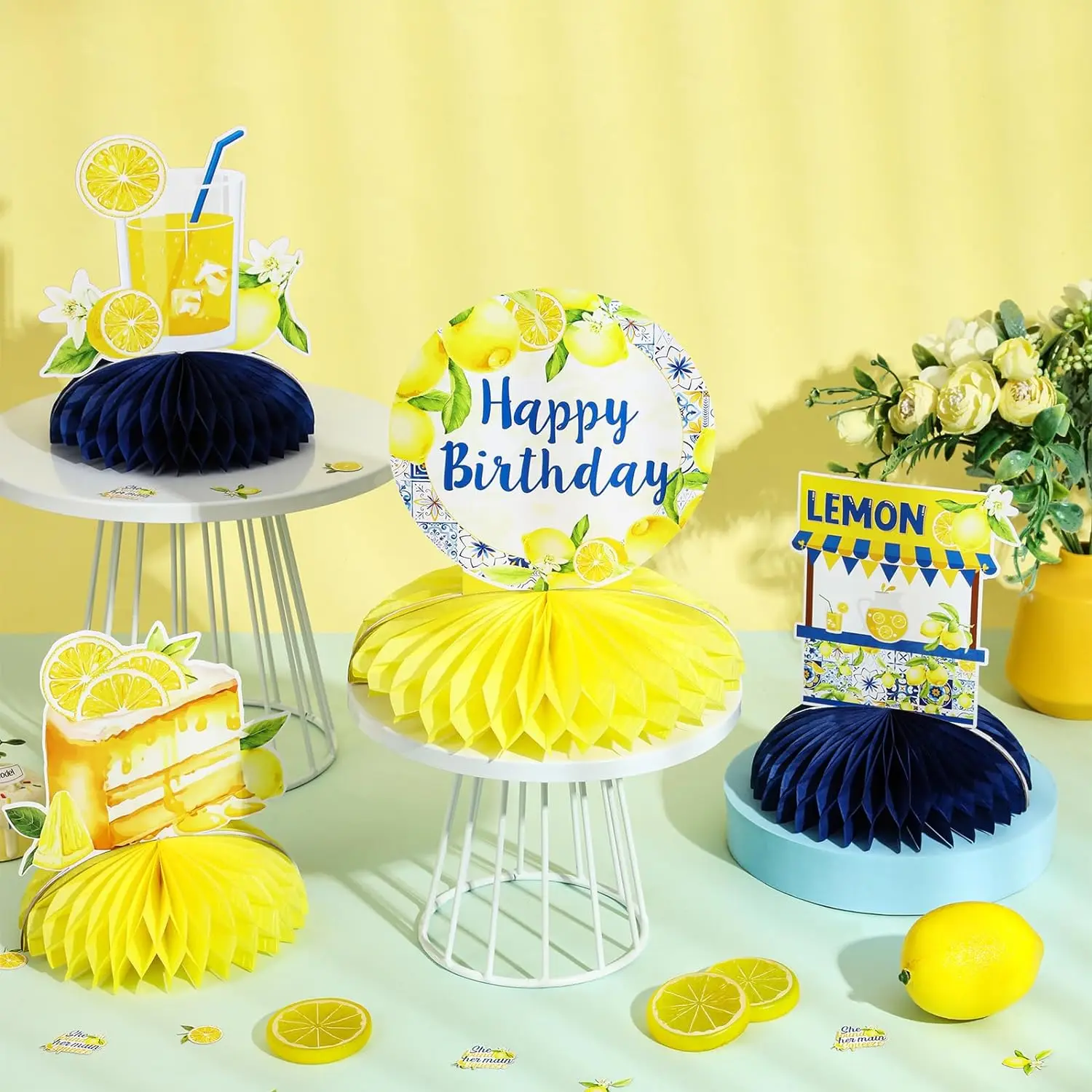 Lemon Lemonade Honeycomb Centerpieces Tile and Lemon Birthday Table Decor for Lemon Theme Birthday Party