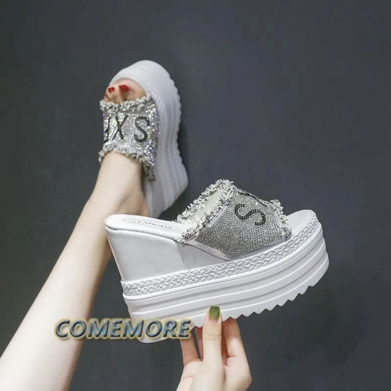 Woman White Fashion Crystals Platform Wedges Super High Heel Summer Sandals Sequins Casual Shoes Women Fish Mouth Beach Slippers