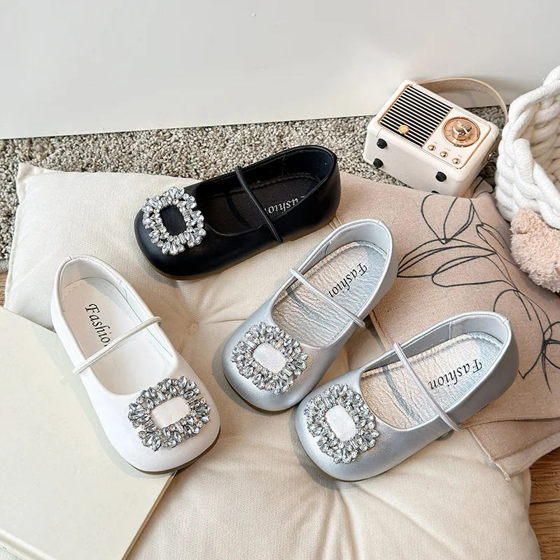 Girls Flats Non-slip Soft Sole Round Toes Kids Leather Shoes French Style Elegant 2025 New Fashion Children Dance Shoes Slip-on