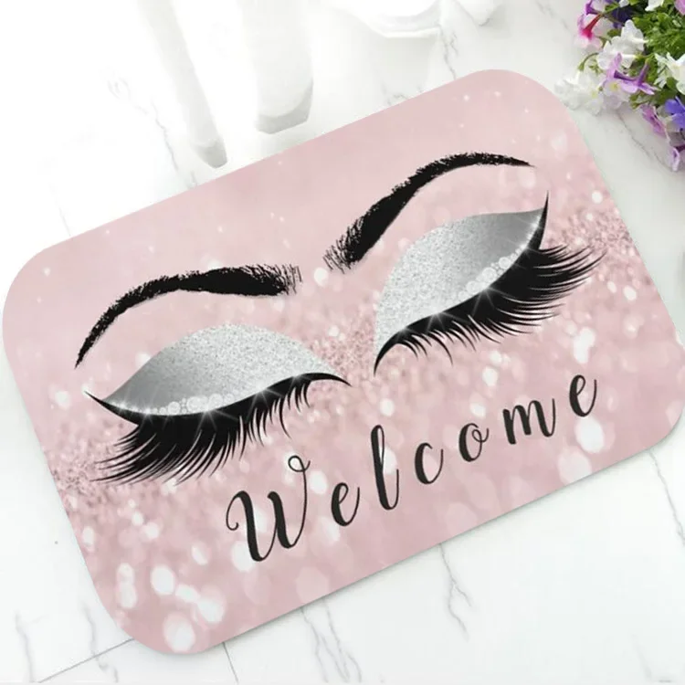 Trendy Rose Gold Glitter EyeLash Lashes Welcome Door Mat Sparkly Makeup Rubber Doormat Rug Carpet Chic Home Beauty Studio Decor