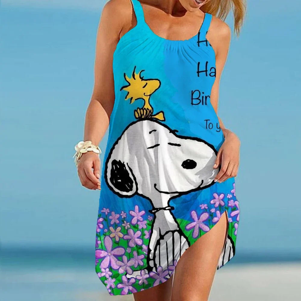 Sommer snoopy gedruckt weißes Strand kleid Mode böhmisches Kleid Sommer Damen riemen elegantes Kleid