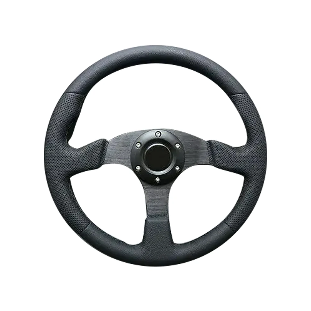 Wotefusi 350mm Racing Steering Wheel Genuine Leather Flw/ Horn Button Black Stitch