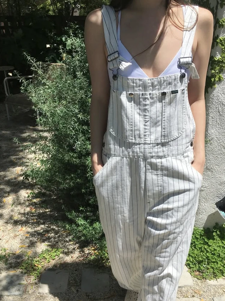 

Thebarnnet, летние новые винтажные свободные повседневные комбинезоны в полоску, длинные брюки с высокой талией, широкие женские комбинезоны для поездок на работу