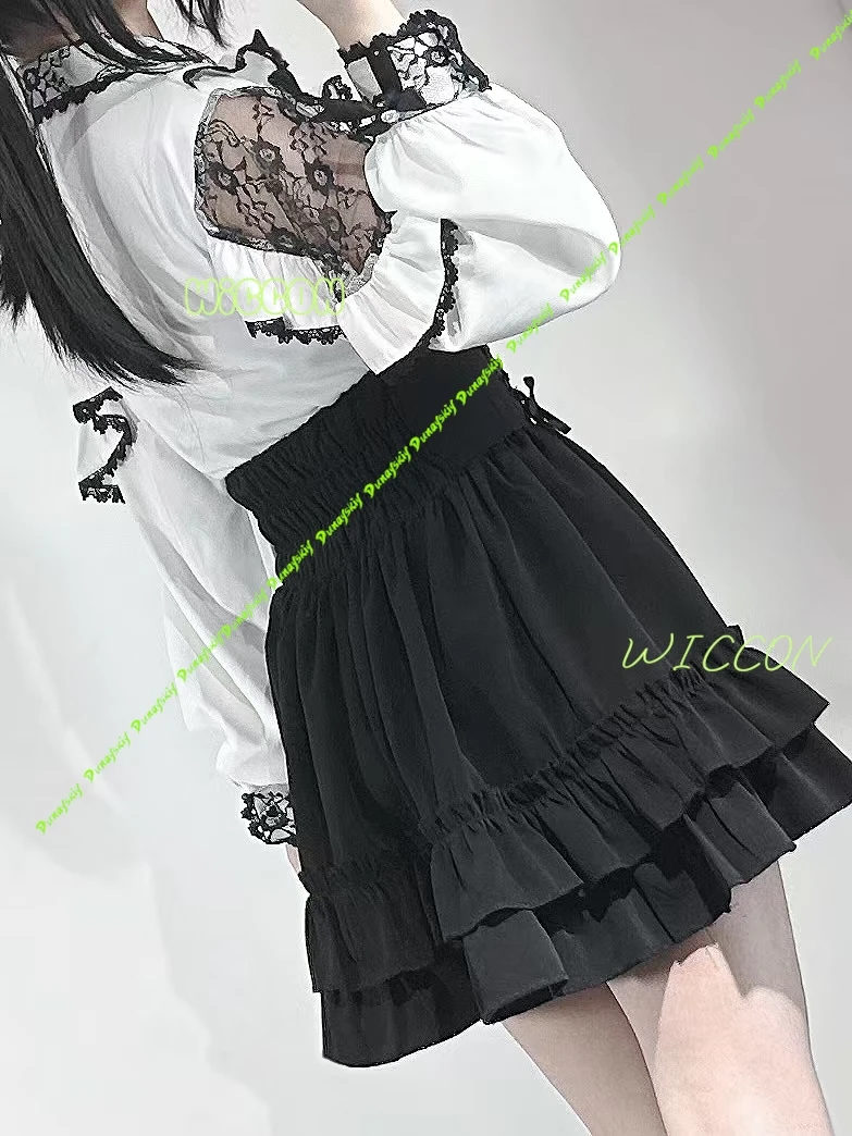 

Sweet Jirai Kei Lolita Girl Ensemble Elegant Long Sleeve Kawaii Bow Blouse Classic Black Skirt And Cos Wig Trendy Japanese Stree
