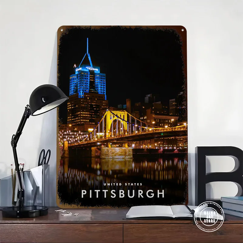 Pittsburgh At Night 3D Printed Texture Poster Personalized Wall Art Retro Metal Tin Signs for Vintage Decorations Decor Room