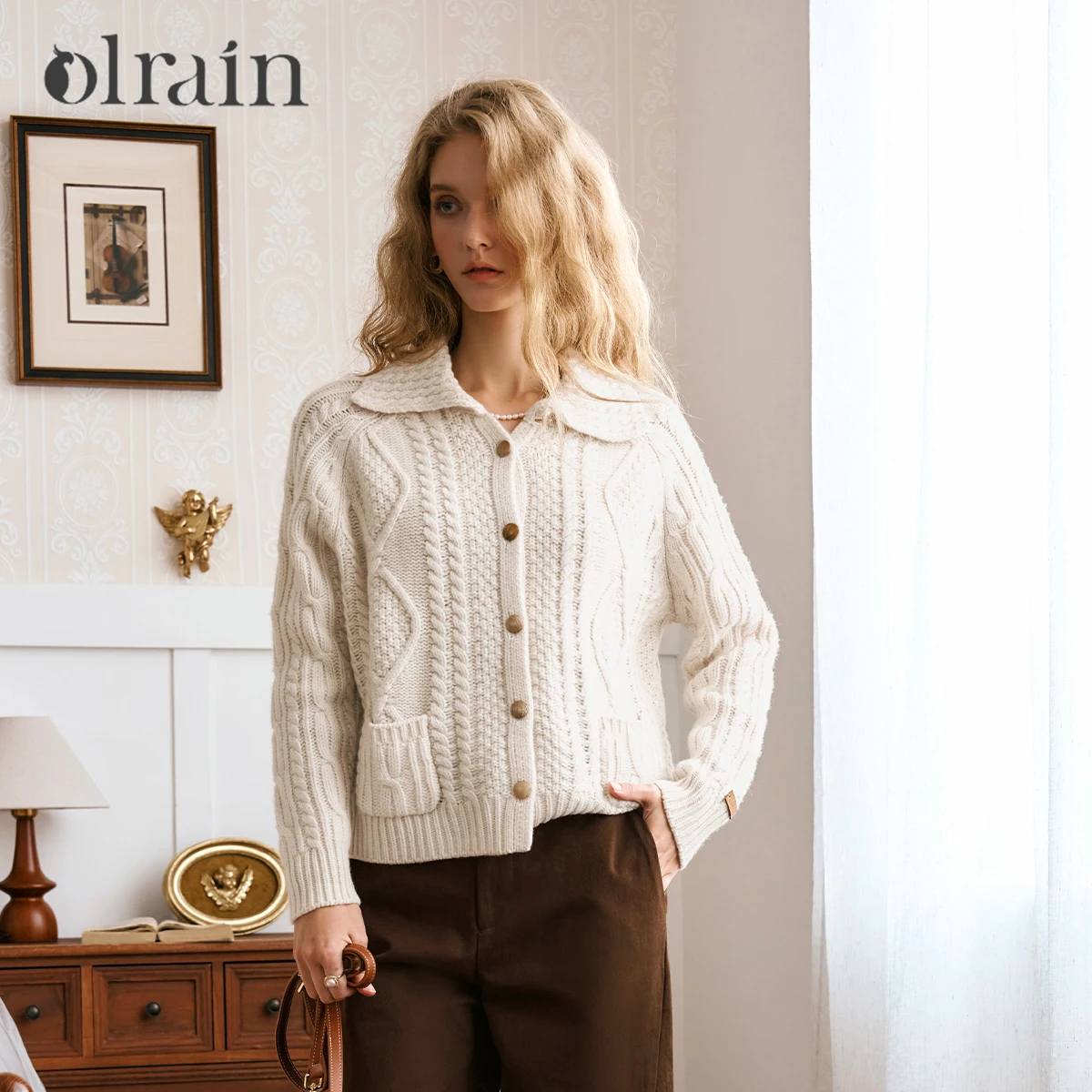 

OLrain French Style Vintage Pullovers for Women 2025 Spring Loose Comfort Lapel Collar Spliced Button Woman Knitwear E56QM88513