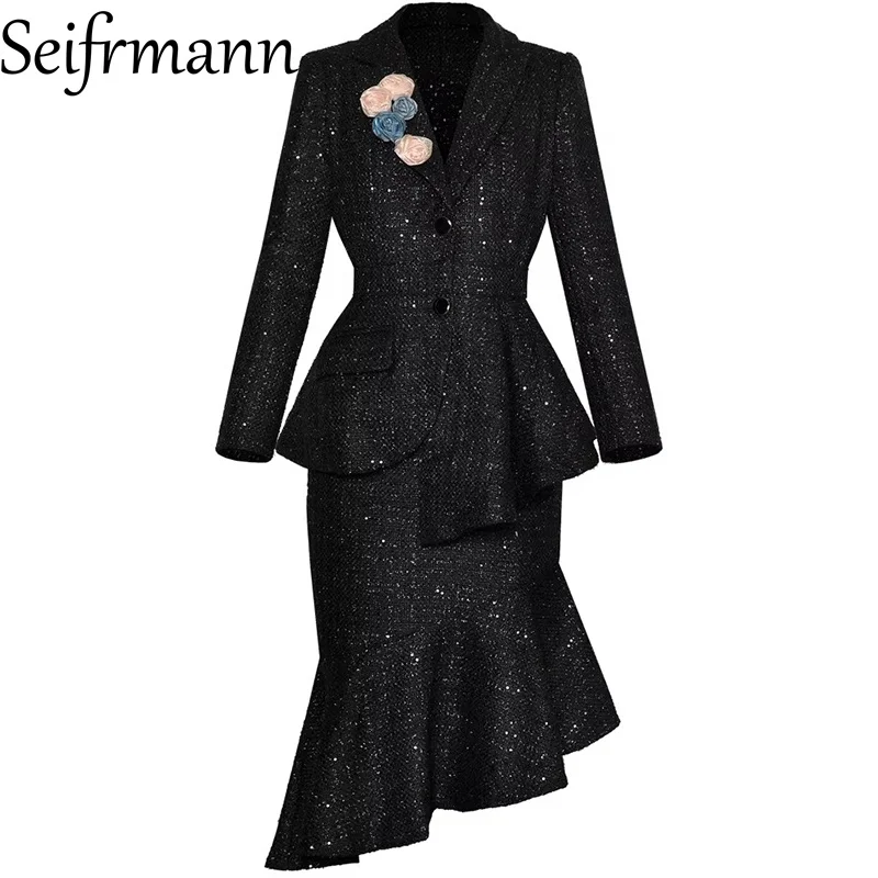 

Seifrmann 2026, весеннее женское новое модное пальто с длинными рукавами и лацканами, трехмерное пальто с цветочным принтом + полуюбка, комплект из двух предметов