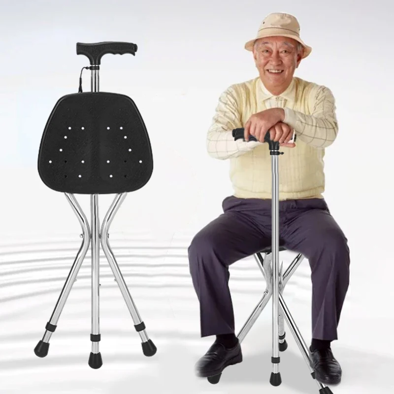 Telescopic Crutch Chair, Three-Legged Walking Stick, Folding Cane Stool, Multi-Functional Elderly Aid With Stability