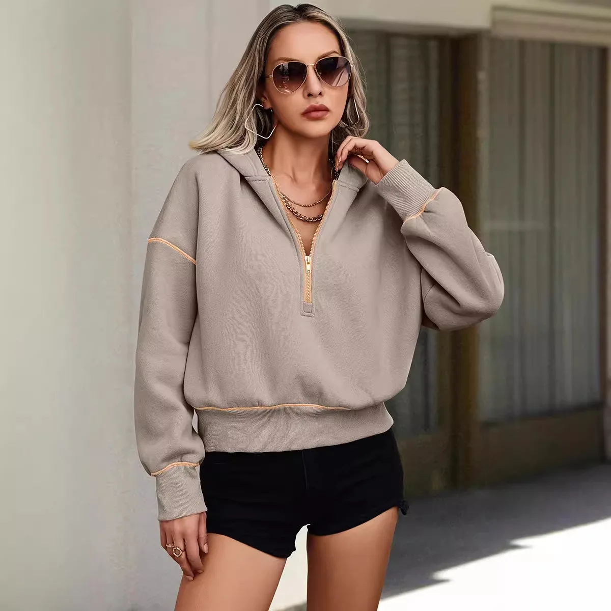 Women's Long Sleeve Hoodie, Harajuku, Loose, Monochromatic Top, Half Zip Up Sweatshirt, Female Casual Coats,