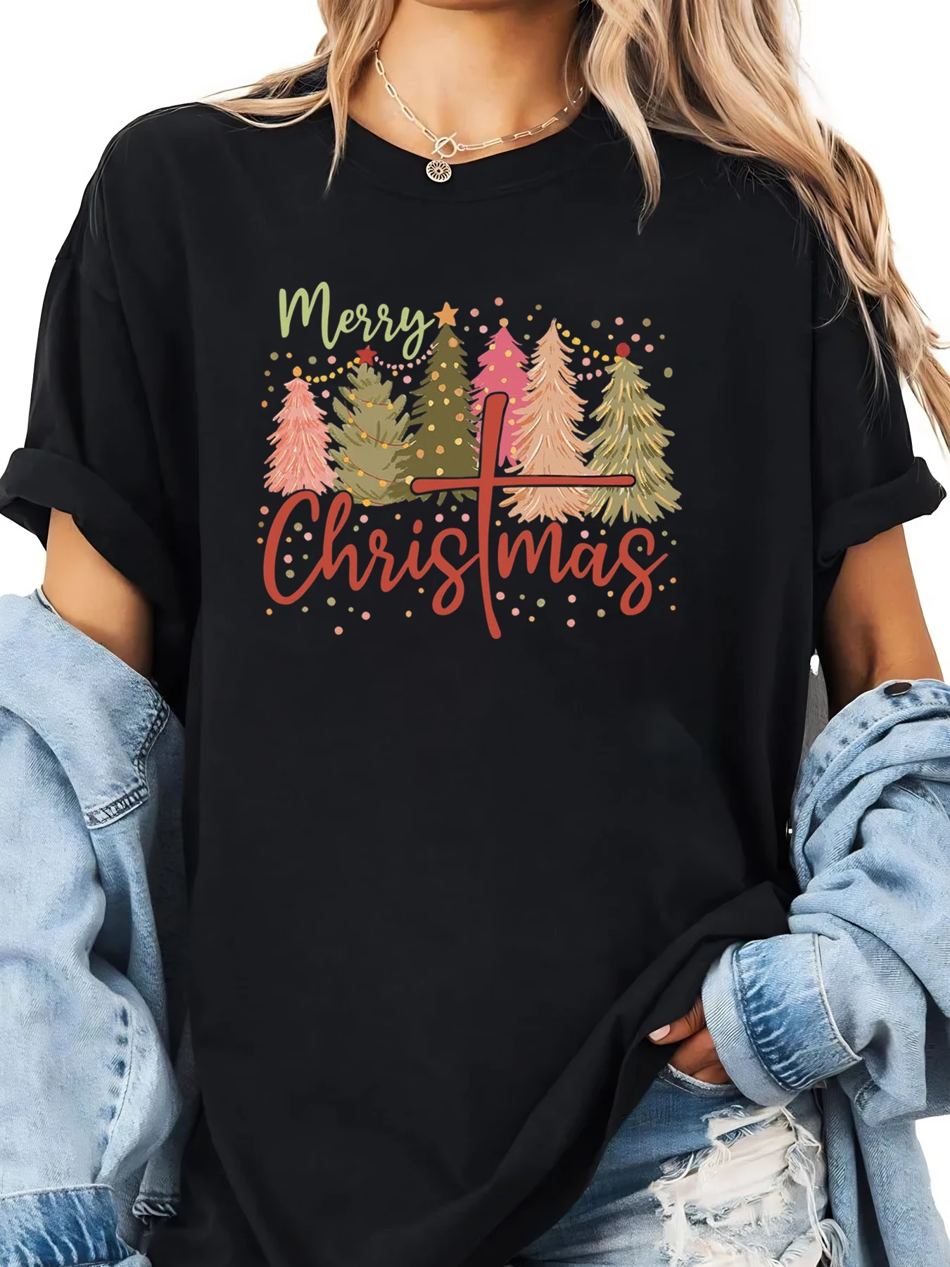 T-shirt natalizia con stampa di alberi di buon Natale T-shirt da donna Abbigliamento casual Completo da festa Nero Taglie forti