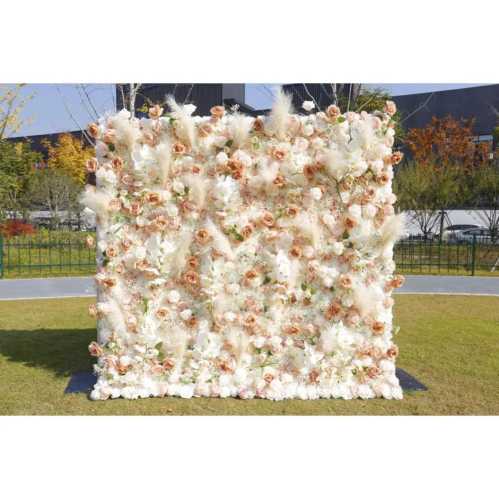 

Wholesale 3D/5D Silk Flower Wall Panel Design Artificial Flower Backdrop White Pink Roses For wedding Decor