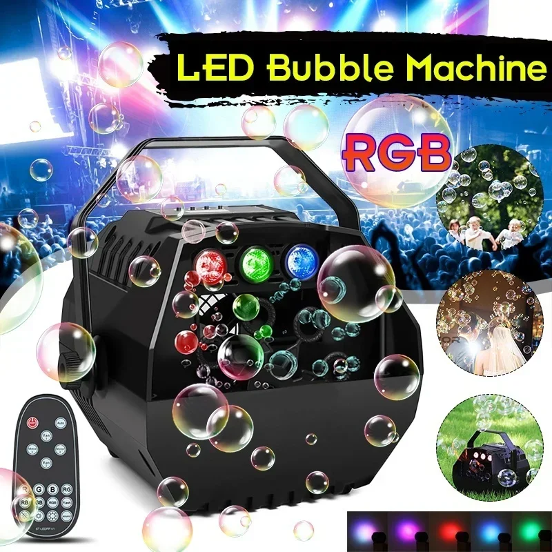 

RGB красочная 3-светодиодная машина для изготовления пузырей, воздуходувка с дистанционным управлением для свадебных вечеринок, фестивалей, сценических эффектов, огней