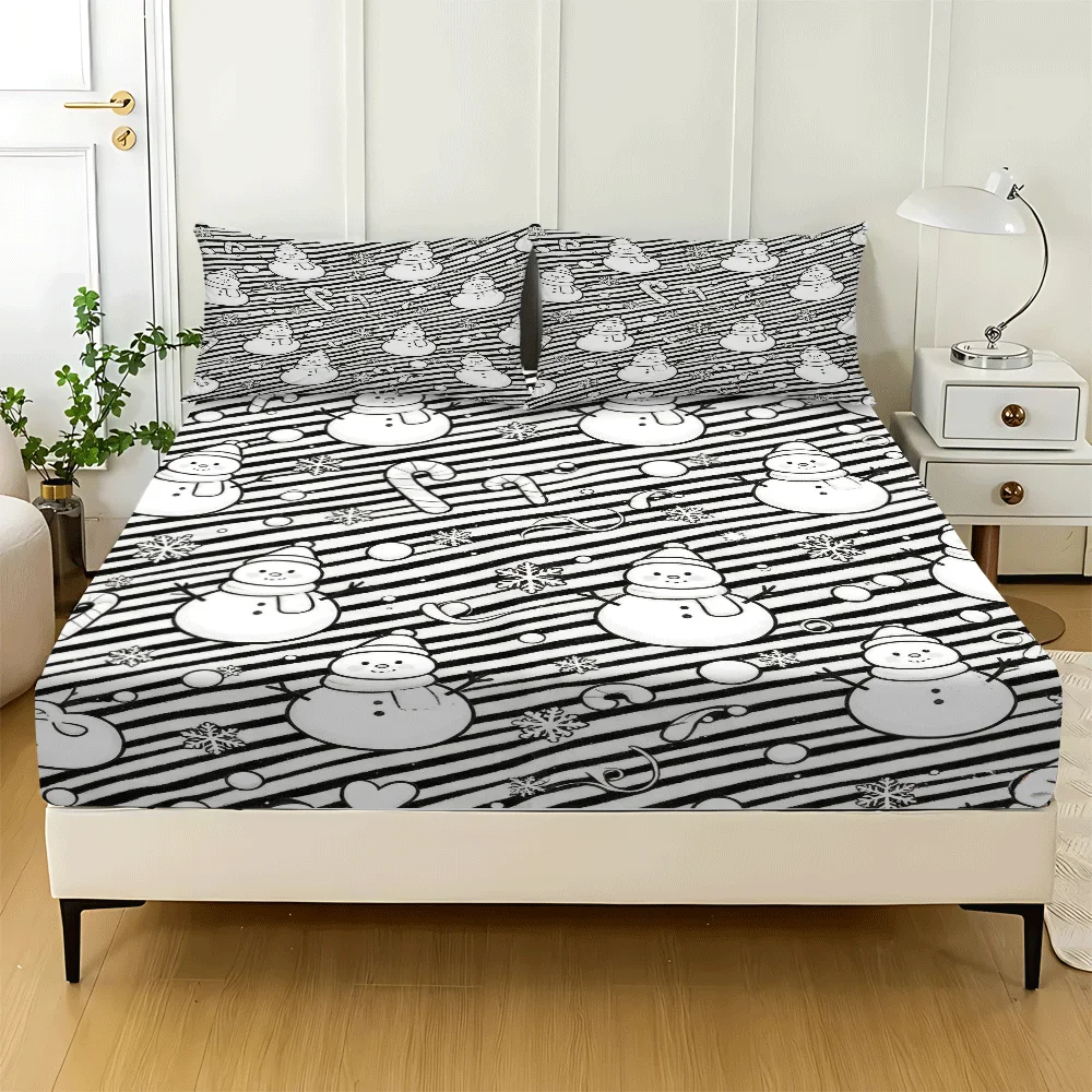 3-Piece Mattress Protector Set, Unique Striped Snowman Merry Xmas, Mattress Cover, Minimalist Style, Christmas Birthday Party, Mattress Cover Suitable for All Seasons, Machine Washable, Suitable for Home, Dormitory, Master Bedroom, Guest Room, Soft and Skin-Friendly, Dust-Proof and Mite-Proof, High Elasticity Fit