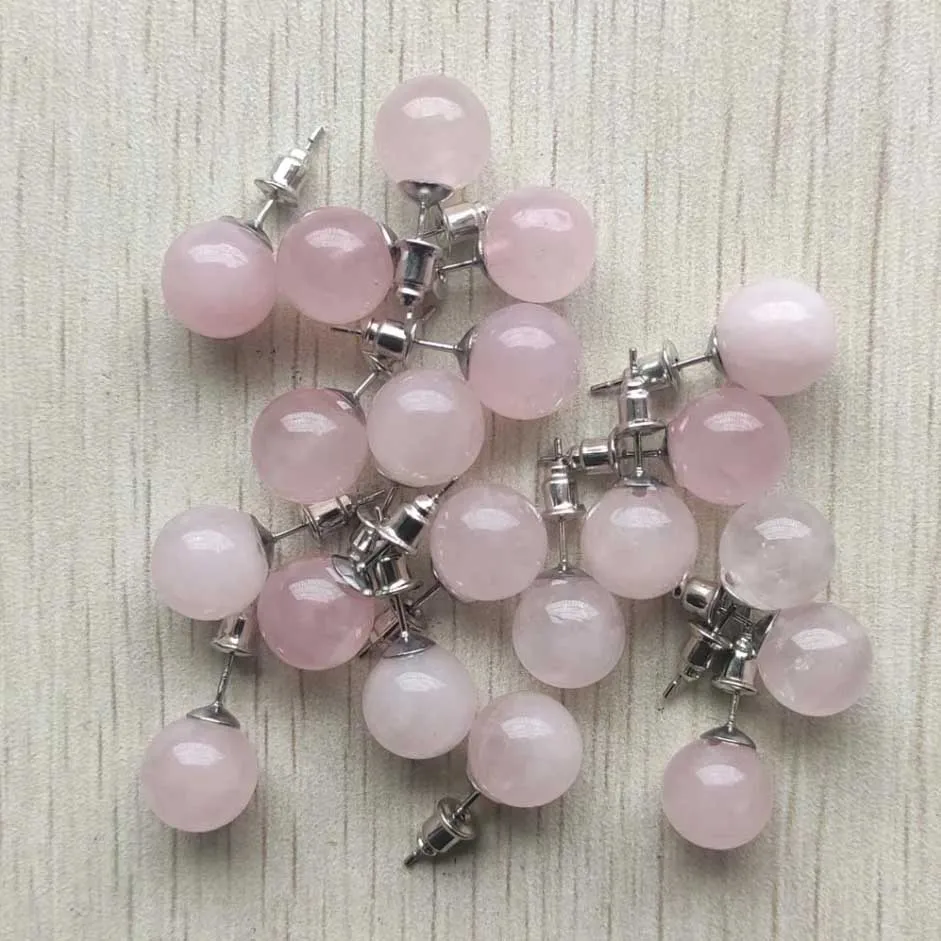 Natural rose quartz stone round ball beads 10mm silver color stud earrings jewelry for women wholesale 12pairs/lot fast shipping