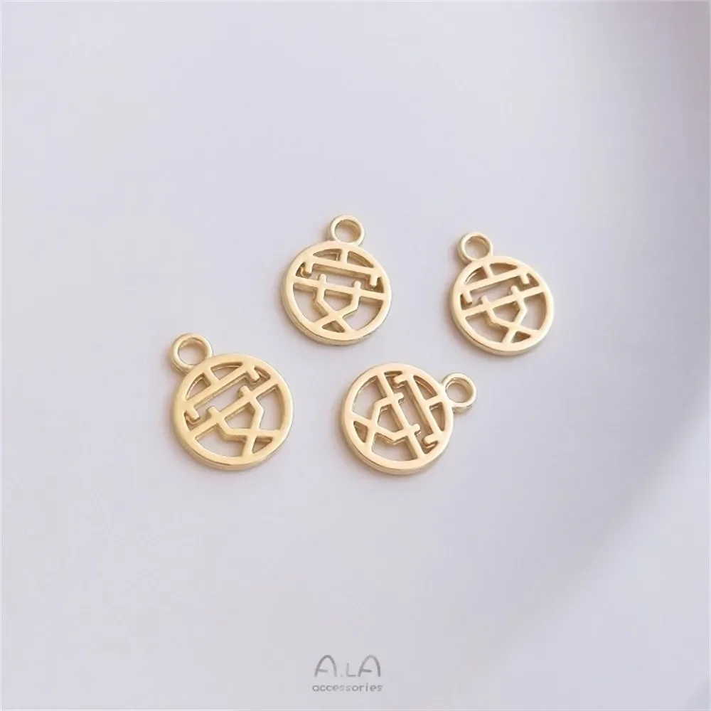 14K Genuine Gold Auspiciousness Peace Fortune Round Sign Pendant Bracelet Jewelry Small Pendant Charms K422