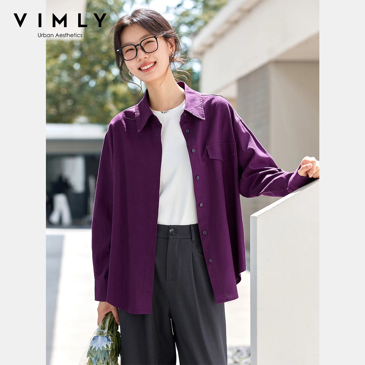

VIMLY Women's Casual Shirts Lace Crochet Cuff Blouses Autumn 2025 Purple Turn-down Neck Female Tops Linen Clothes Woman A2029