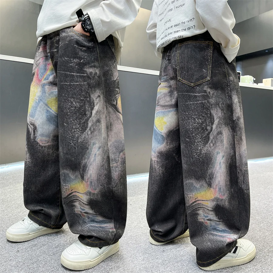

New Arrival Children Street Style Gray Color Distressed Jeans with Paint Printed for Kids Boys Fashion Designer Denim Pants 5-14