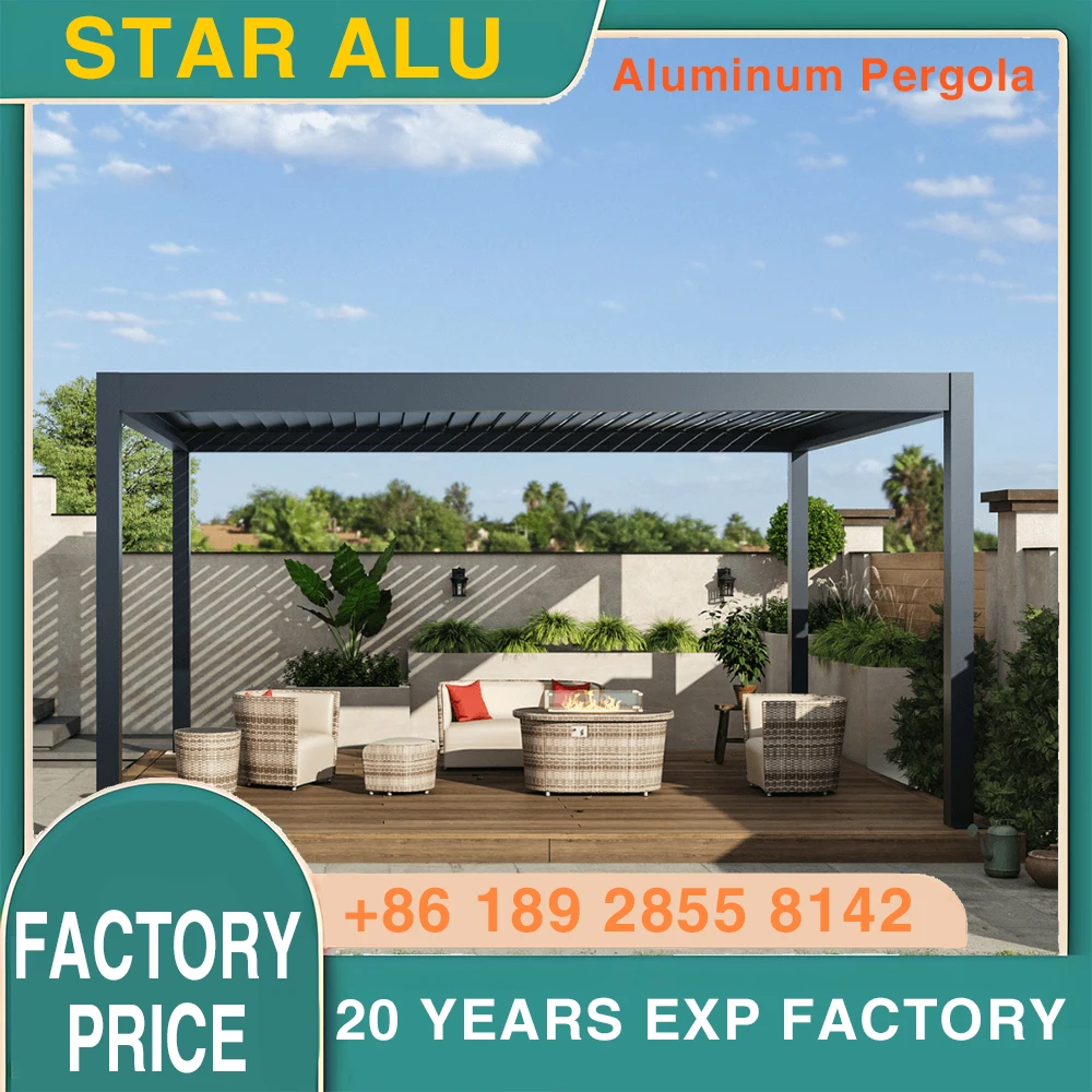 Bioclimatic Aluminum Motorized Louvered Pergola LED Lighting Sliding Glass Doors Electric Gazebo Waterproof Outdoor Patio Custom