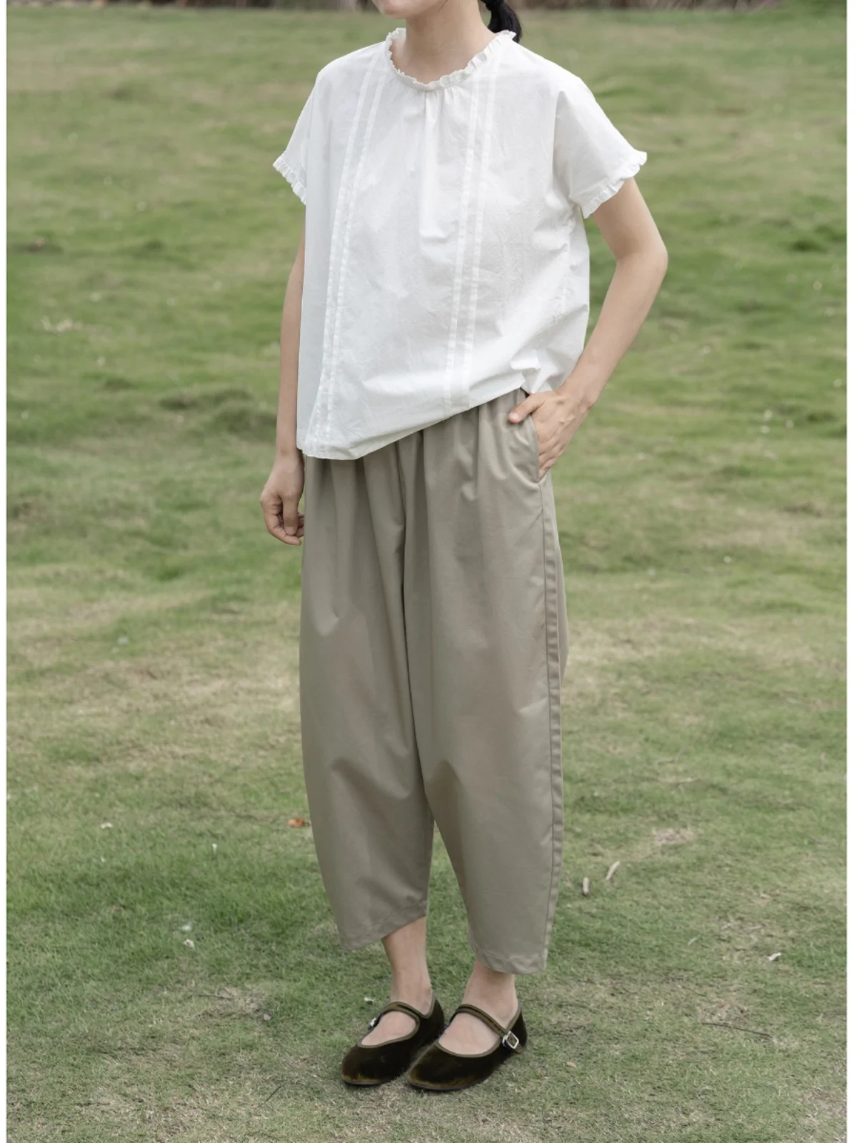 

00% Long Staple Cotton High Densi Lightweight Cool Elastic Waist andmother Pants Balloon Pants Nine Points Casual Pants