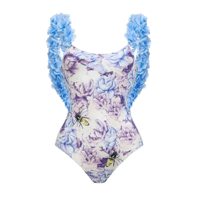One Piece Swimsuit For Women Europe America One-piece Swimsuit Handmade Decal Bee Flower Print Backless Sexy