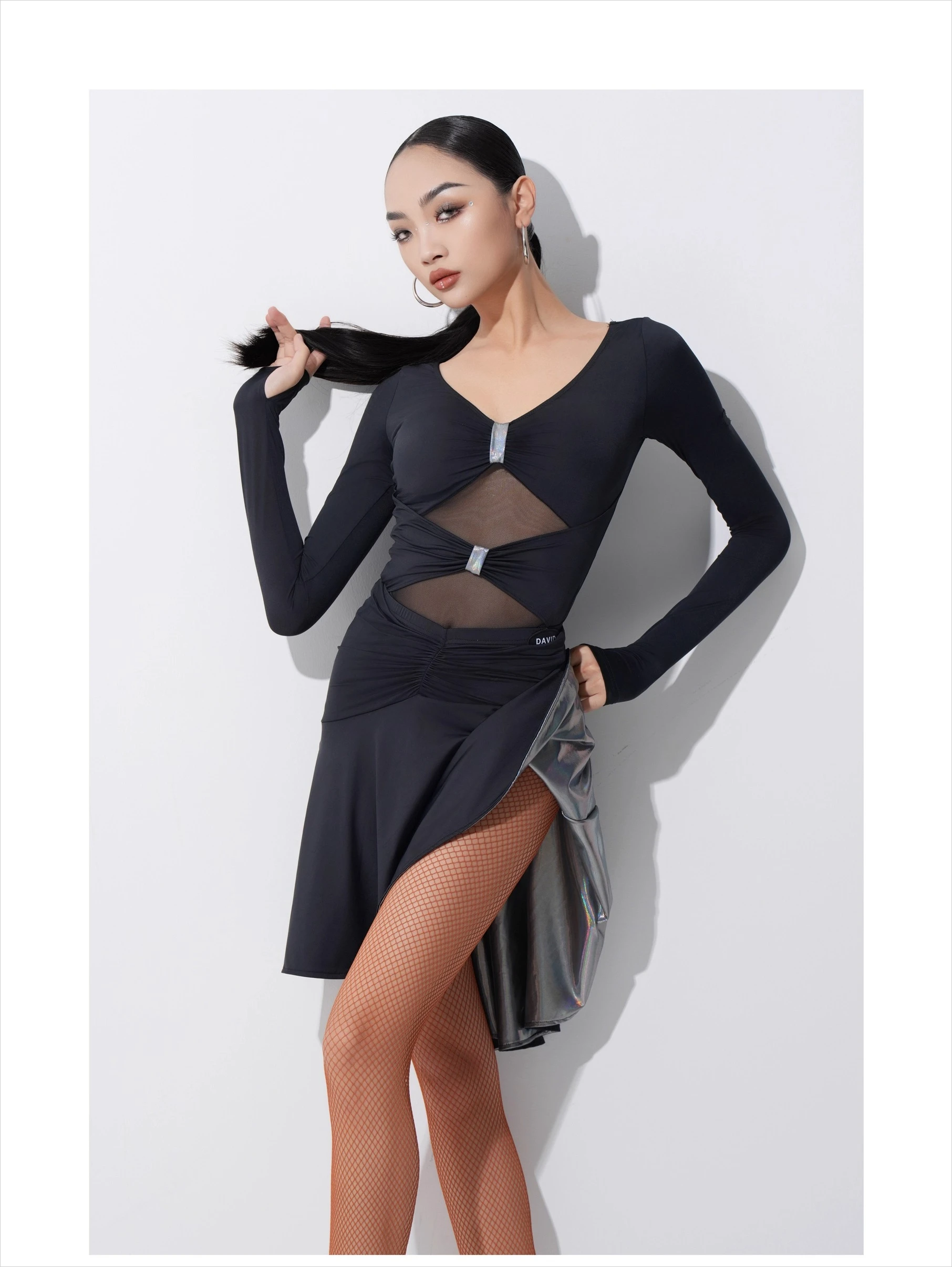 UK Latin danspakken Professionele volledige uitlopende rokset met lange mouwen, ballroomtraining en prestatiekostuum