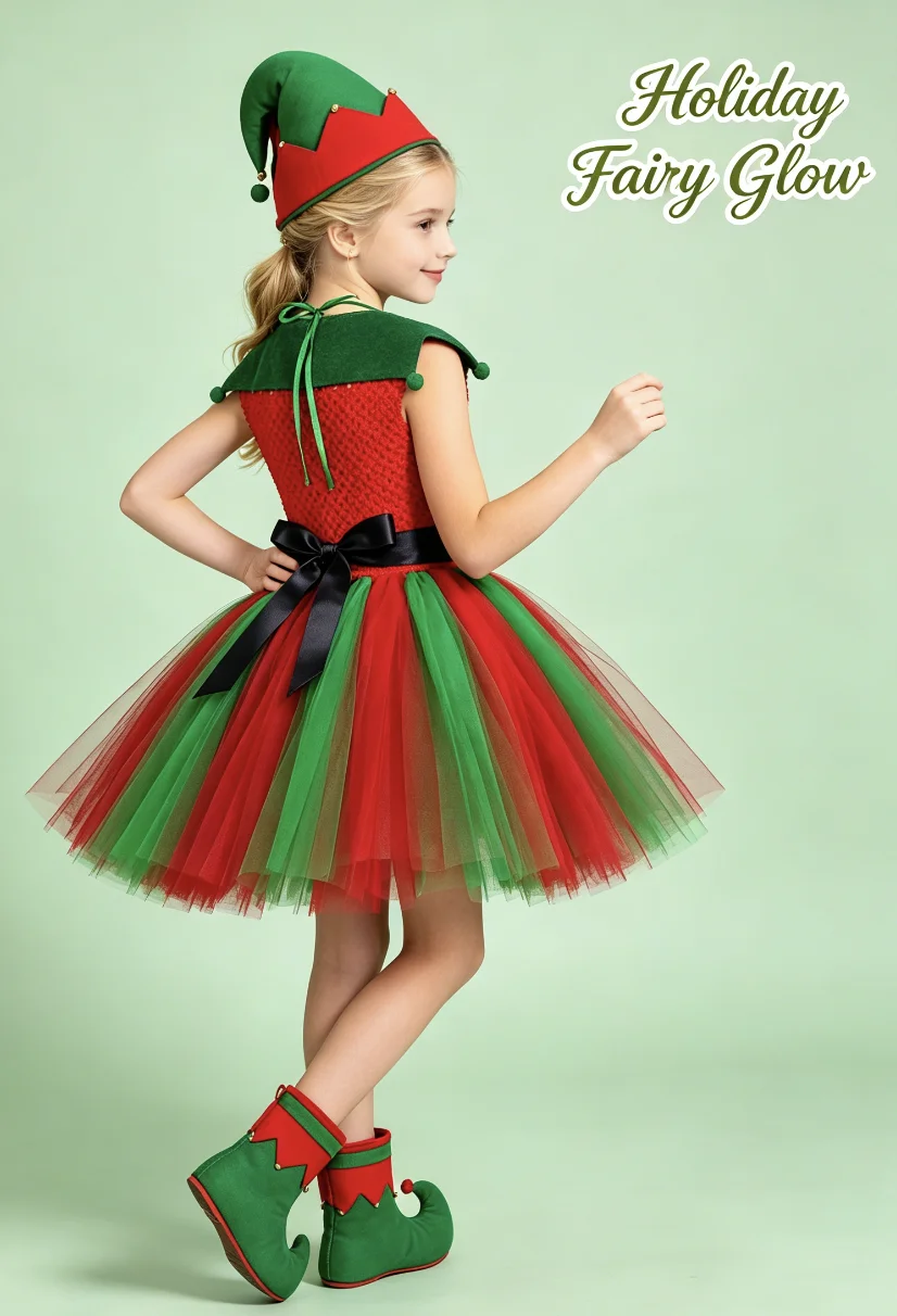 Kids Red Green Mesh Tutu Dress With Accessories For Girls Holiday Outfit Christmas Elf Party Stage Performance Children Festive