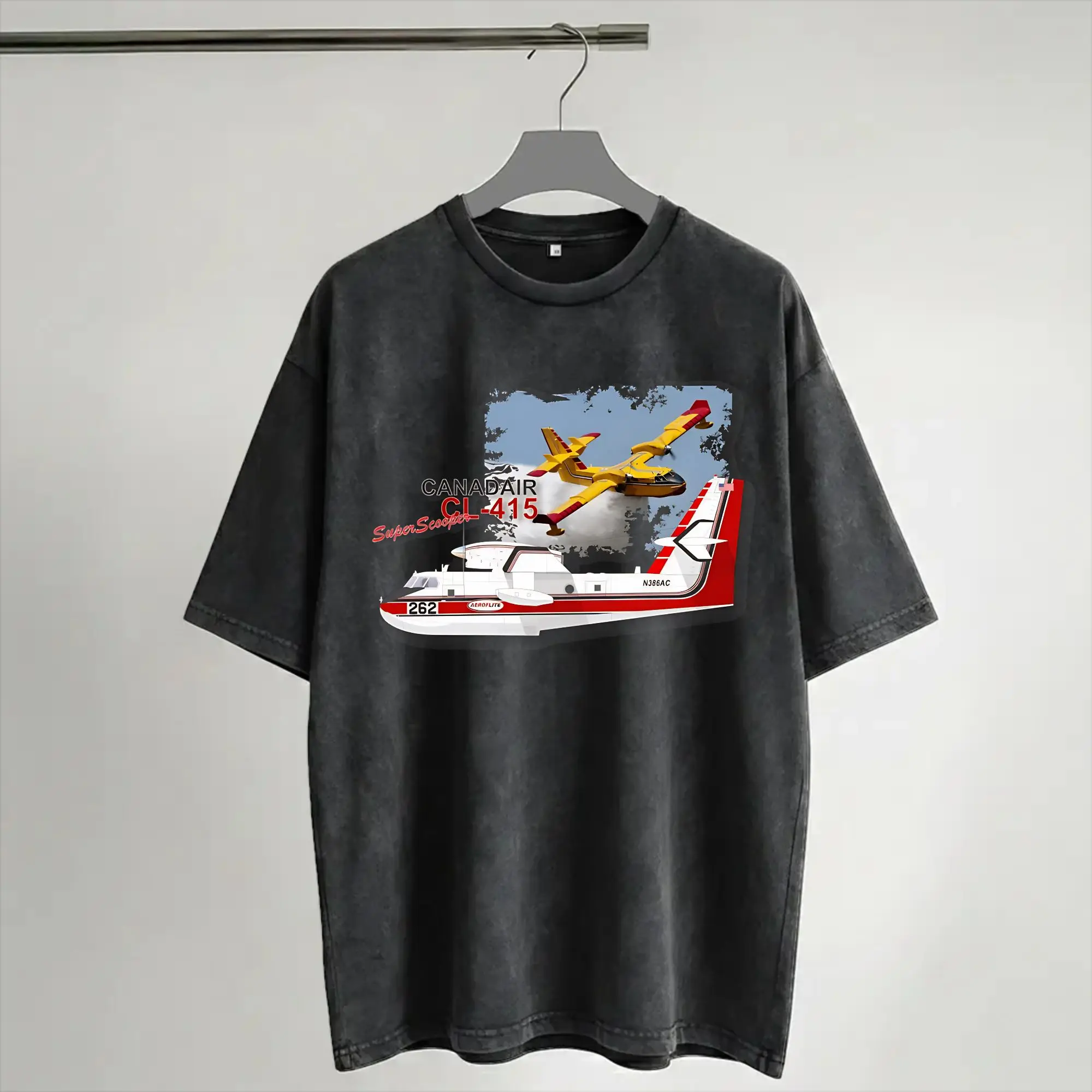 Harajuku Washed Shirt Canadair cl-415 Super Scooper firebomber Aircraft Outfit Vintage T Shirt Oversize  Streetwear Short Sleeve